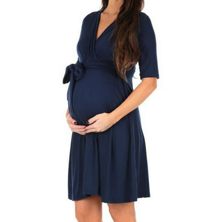 

Kamo Maternity Half Sleeve Front Tie Faux Wrap Dress Knee Length Swing Dresses for Baby Shower or Casual Wear