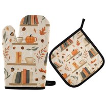 Yayeee Oven Mitts and Pot Holder Set of 2 Heat Resistant Kitchen Gloves Baking Hot Pad, Fall Book Shelf