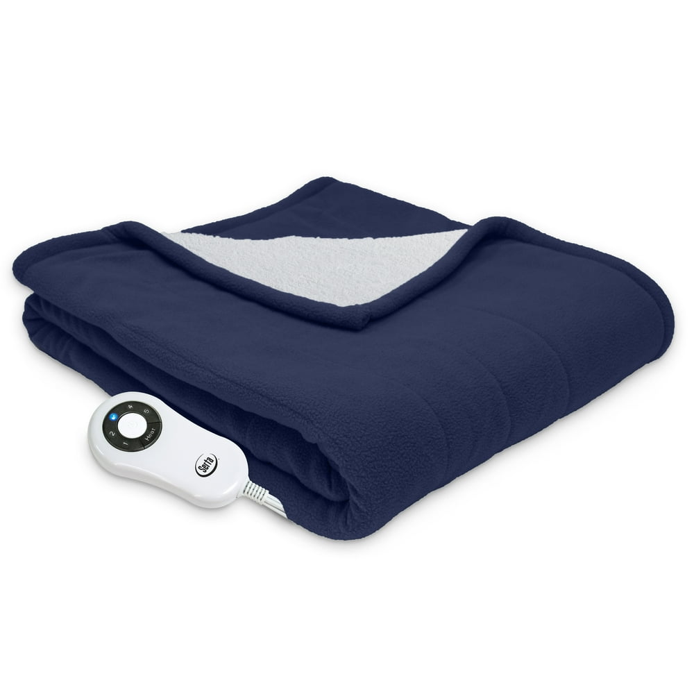 Serta Sherpa Reversible Electric Heated Throw, Navy