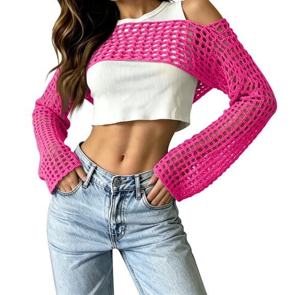 Womens Fishnet Crochet Crop Top Long Sleeve See Through Hollow Out Mesh Bikini Cover Ups Hot Pink XL