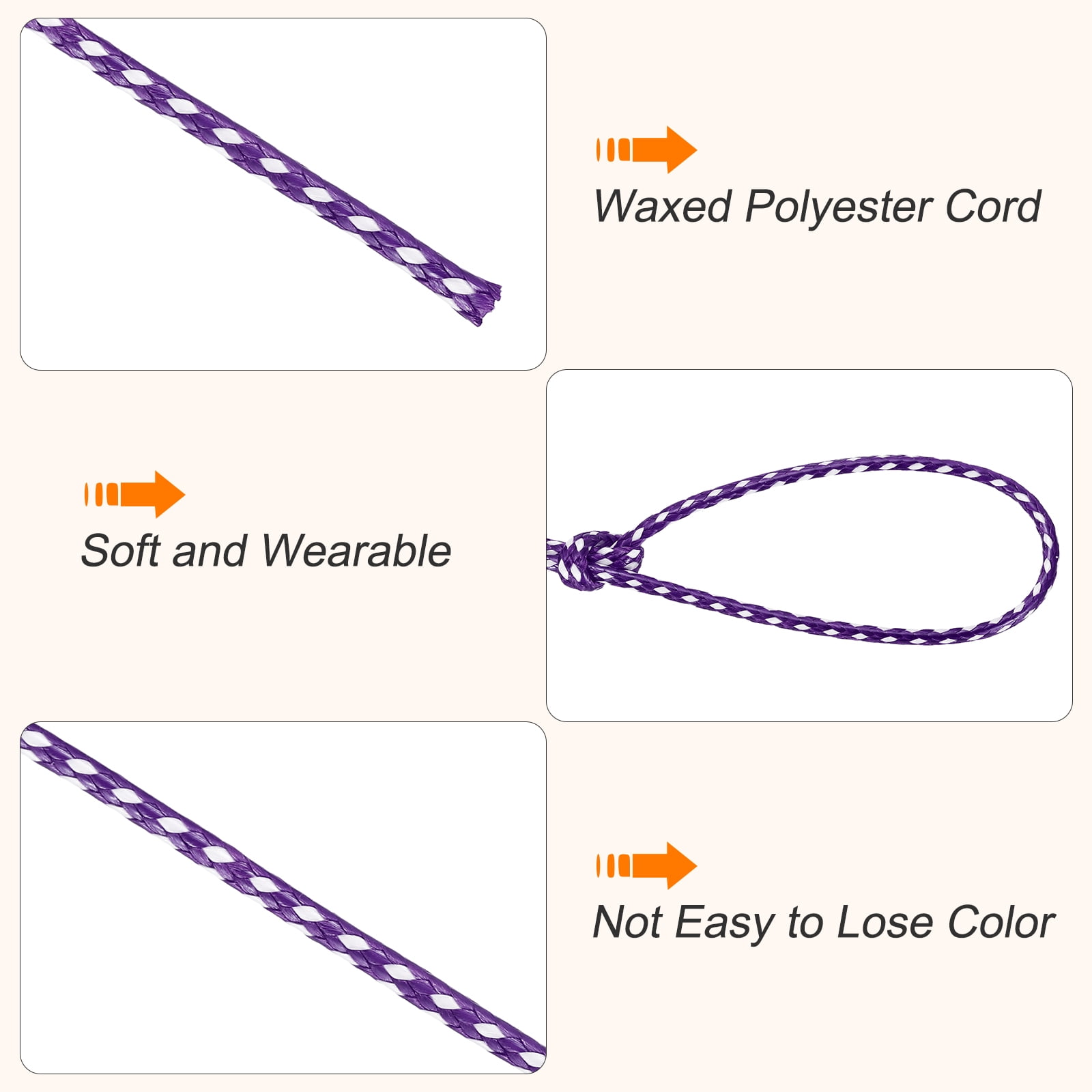 Waxed Cord 2mm Waxed Thread 87 Yard Wax String Leather Cord for Bracelet Making, Necklaces, Beading, Jewelry Making and DIY Crafts(Bright Purple/White)