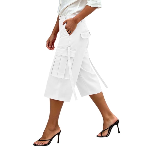 TEAJOPSUU Womens Wide Leg Cargo Capris High Waisted Workwear Cropped Pants with Pockets Casual Solid Color Daily Capri Bottoms White