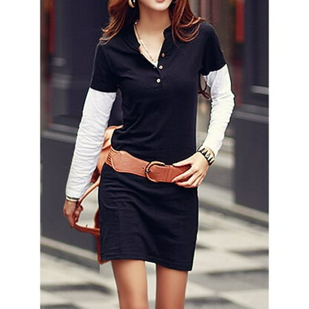 Round Neck Backless Color Block Long Sleeve Casual Dresses