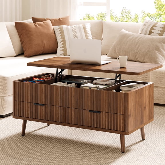 CURLA Lift Top Coffee Table with Storage, Mid Century Modern Coffee Table with Drawers, Center Table for Living Room, Walnut