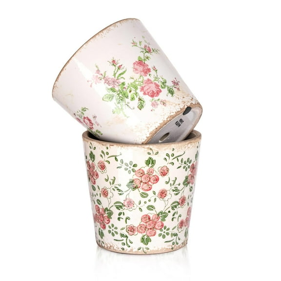 Sungmor Vintage Ceramic Plant Pots, Set of 2 Pretty Ice Cracked Glaze Ceramic Flower Pots, 5.5in. Herb Planters with Drainage Hole, Tuscan Planters for Indoor Outdoor Plants, Home Garden Decor Pot