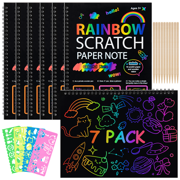 7 Pack Rainbow Scratch Art Notebooks, Kids Paper Craft Set with 10 Wooden Drawing Sticks & 4 Reusable Stencils, Scratch Paper Art Kit for Creative Kids Art Activities at Home & School