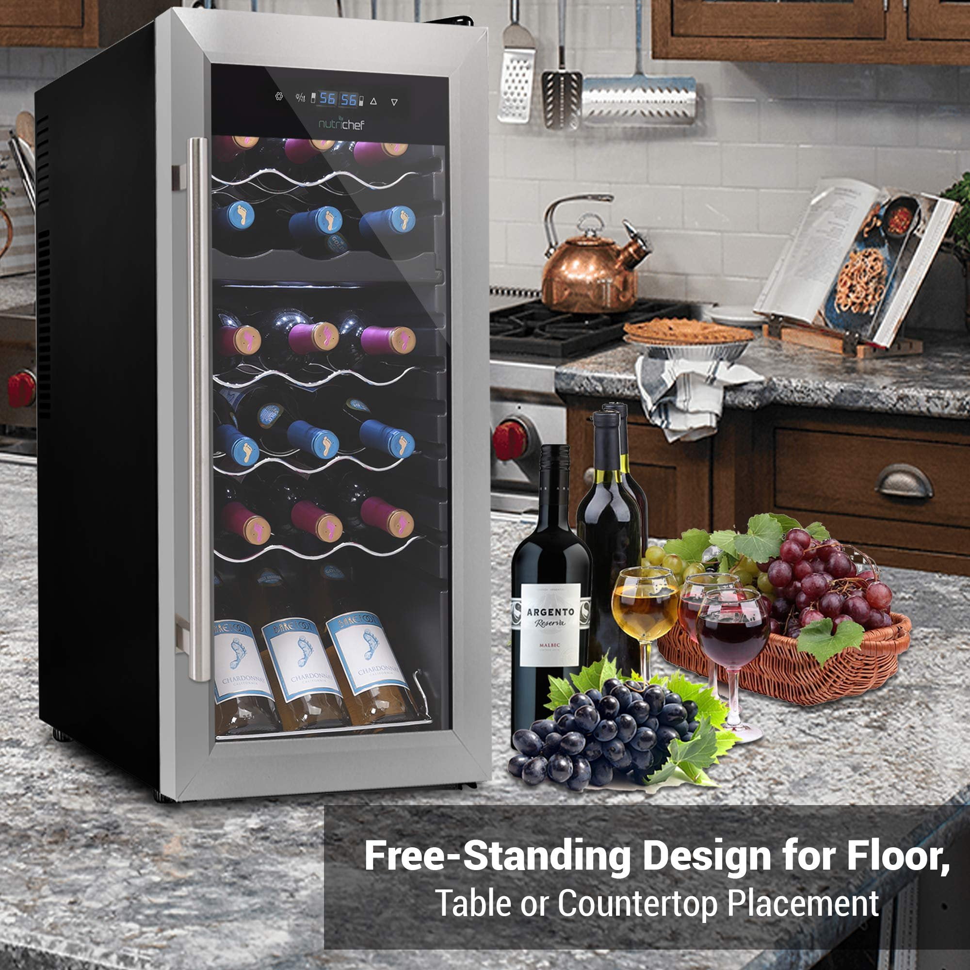 NutriChef 18 Bottle Dual Zone Cooler for Wines Chiller, Freestanding Compact Countertop Mini Fridge