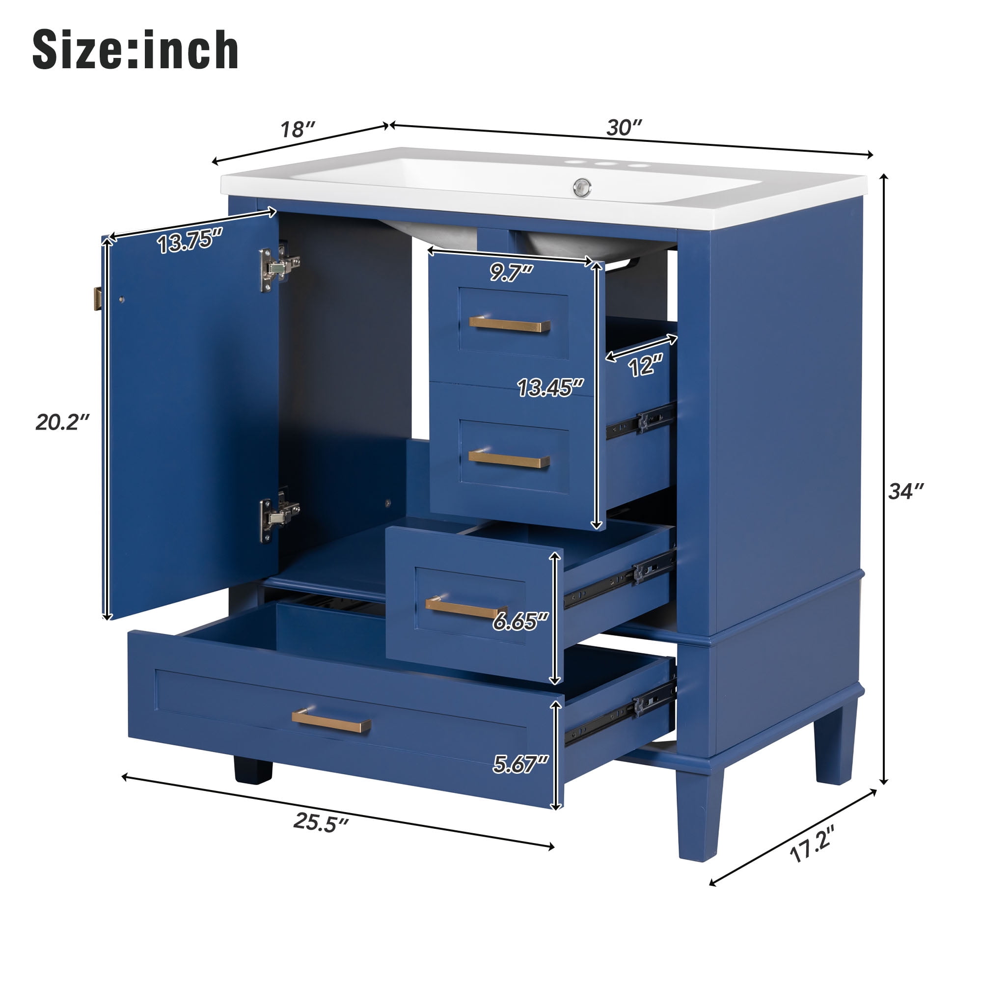 Harper & Bright Designs 30" Blue Bathroom Vanity Cabinet with Sink Combo Set, Bathroom Storage Cabinet with a Soft Closing Door and 3 Drawers, Solid Wood Frame