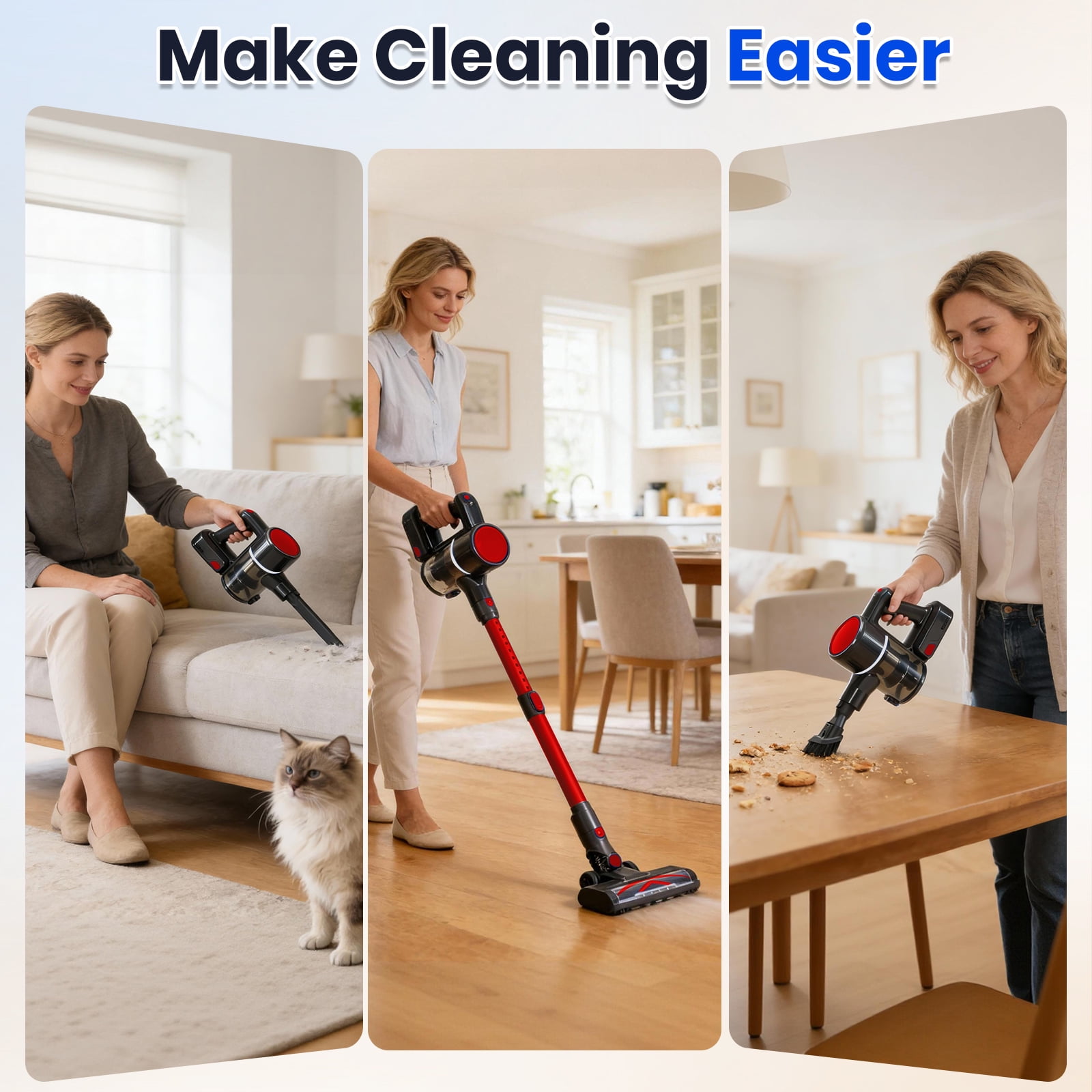 LIFERECORD Cordless Vacuum Cleaner, 180°Flexible Stick Vacuum for Pet Hair with Anti-Tangle Brush, 3 Suction Modes, LED Light for Hardwood Floors, Carpet, Furniture