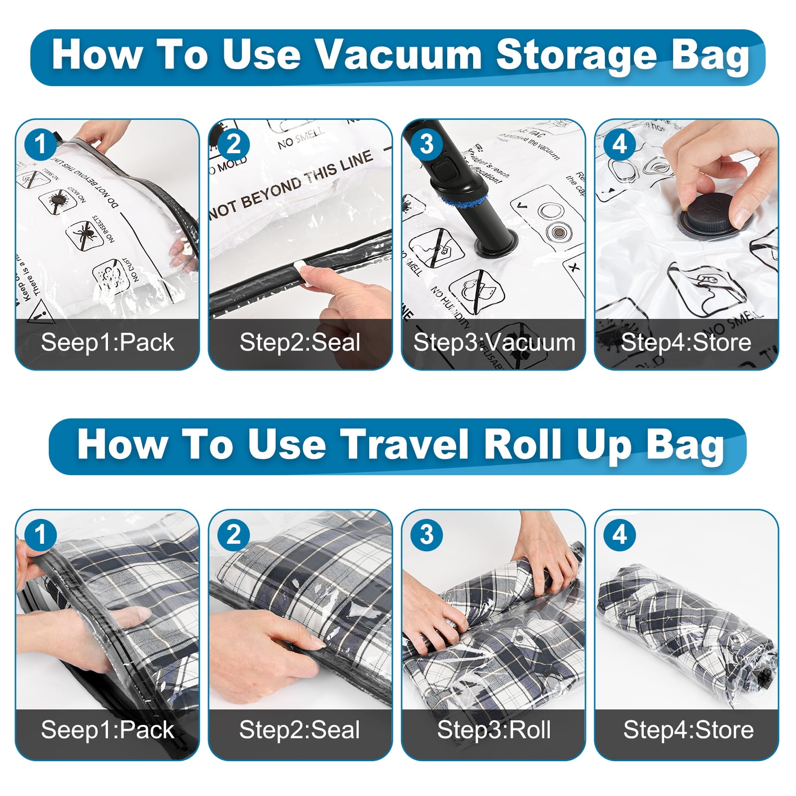 Cubepoint 15 Pack Vacuum Storage Bags with Electric Pump, 3 Jumbo 3 Large 3 Medium 3 Small 3 Roll up Bags, Vacuum Seal Bags for Clothes, Instant Space Saver Storage Bags