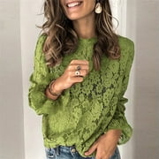 Women's Solid Color Long Sleeve Blouses Hollow Round Neck Lace Shirts Tops