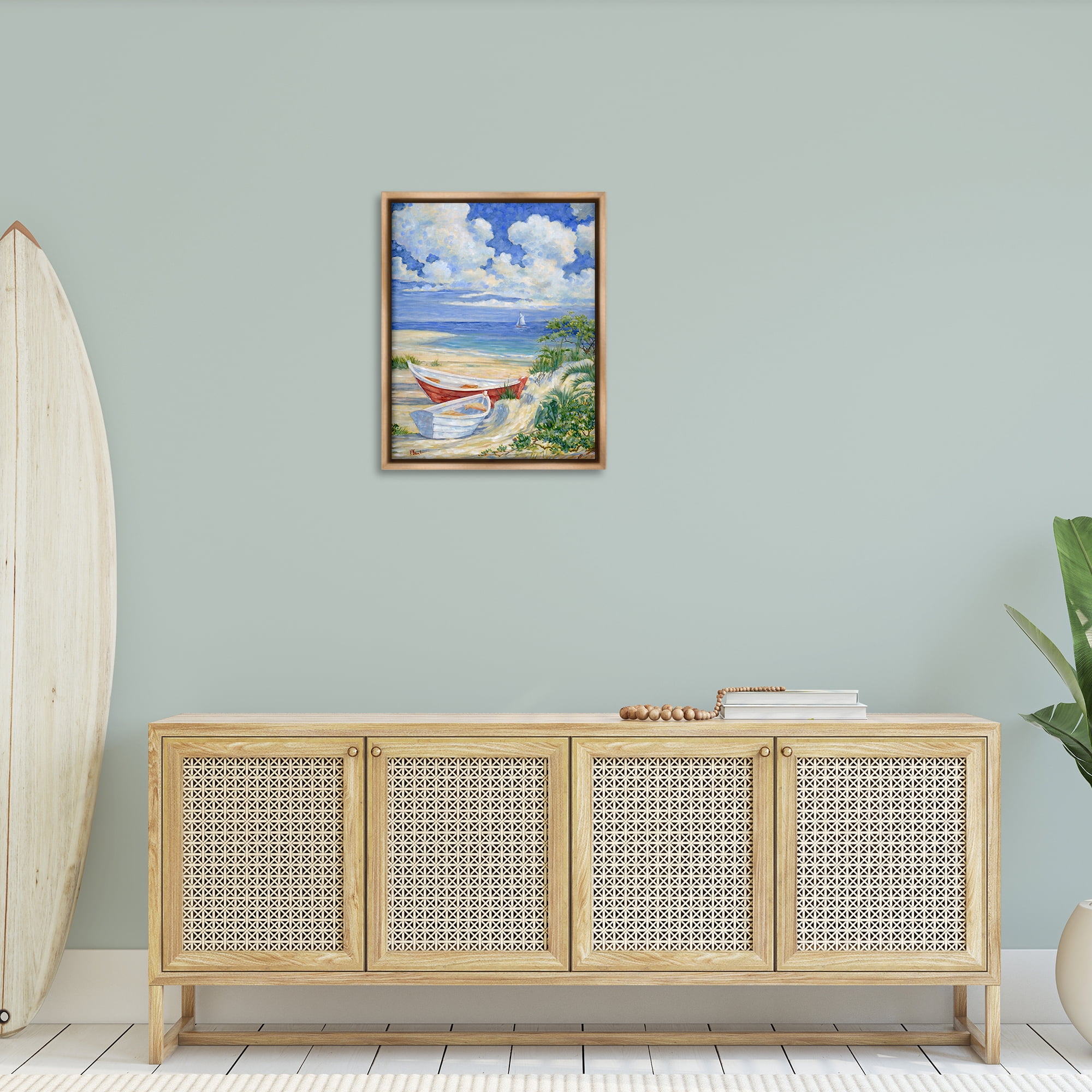 Stupell Industries Two Boats on Sand Transportation Painting Brown Floater Framed Canvas Art Print Wall Art, 25 x 31