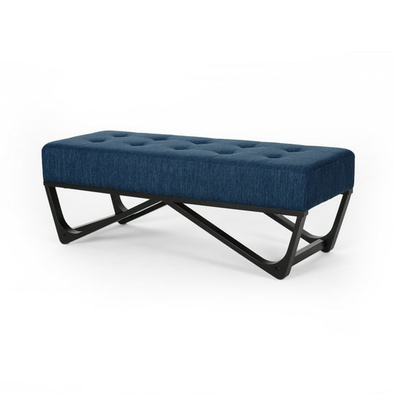 GDF Studio Modern Elegant Button-Tufted Ottoman Bench with Bentwood Frame, Navy Blue