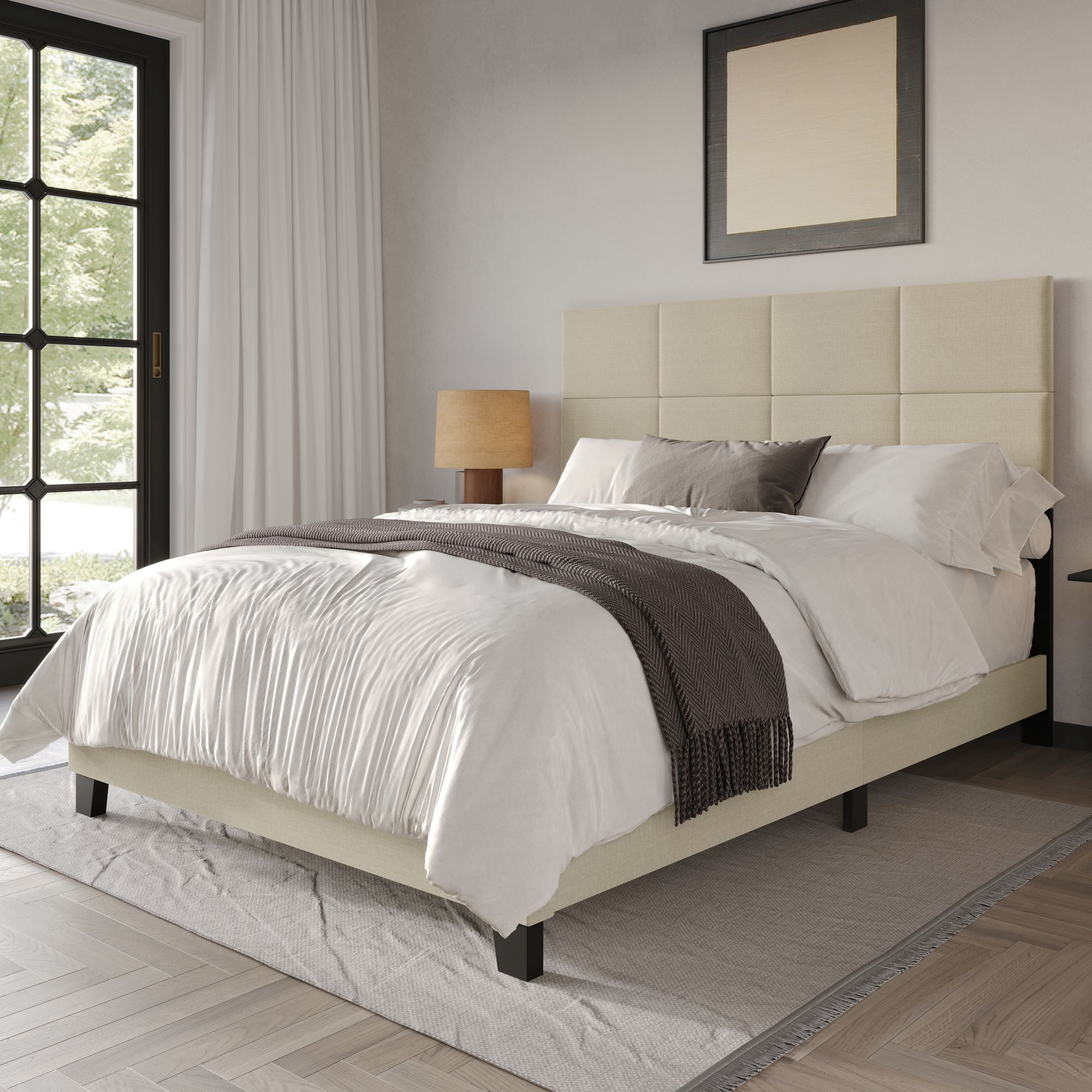 Home Design Lufkin Full Upholstered Panel Bed Frame with Checkered Tufted Headboard & Foam-Filled Comfort, Beige, Easy Assembly