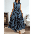thumbnail image 4 of Vestido Maxi Floral de Verano para Mujer, Cuello Abotonado, Cintura Anudada, Volantes Escalonados, Sin Mangas, Estilo Bohemio, Azul L, 4 of 9