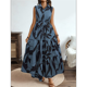 thumbnail image 4 of Vestido Maxi Floral de Verano para Mujer, Cuello Abotonado, Cintura Anudada, Volantes Escalonados, Sin Mangas, Estilo Bohemio, Azul L, 4 of 9