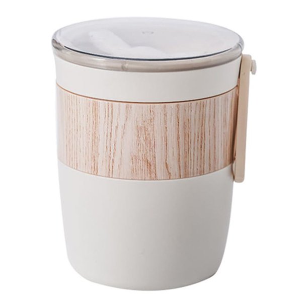Bewildely Taza de desayuno de 620ml con cuchara, contenedor de agua de plástico portátil impermeable, tapa de sellado, tazas para microondas, Mostrada Blanco 620ml