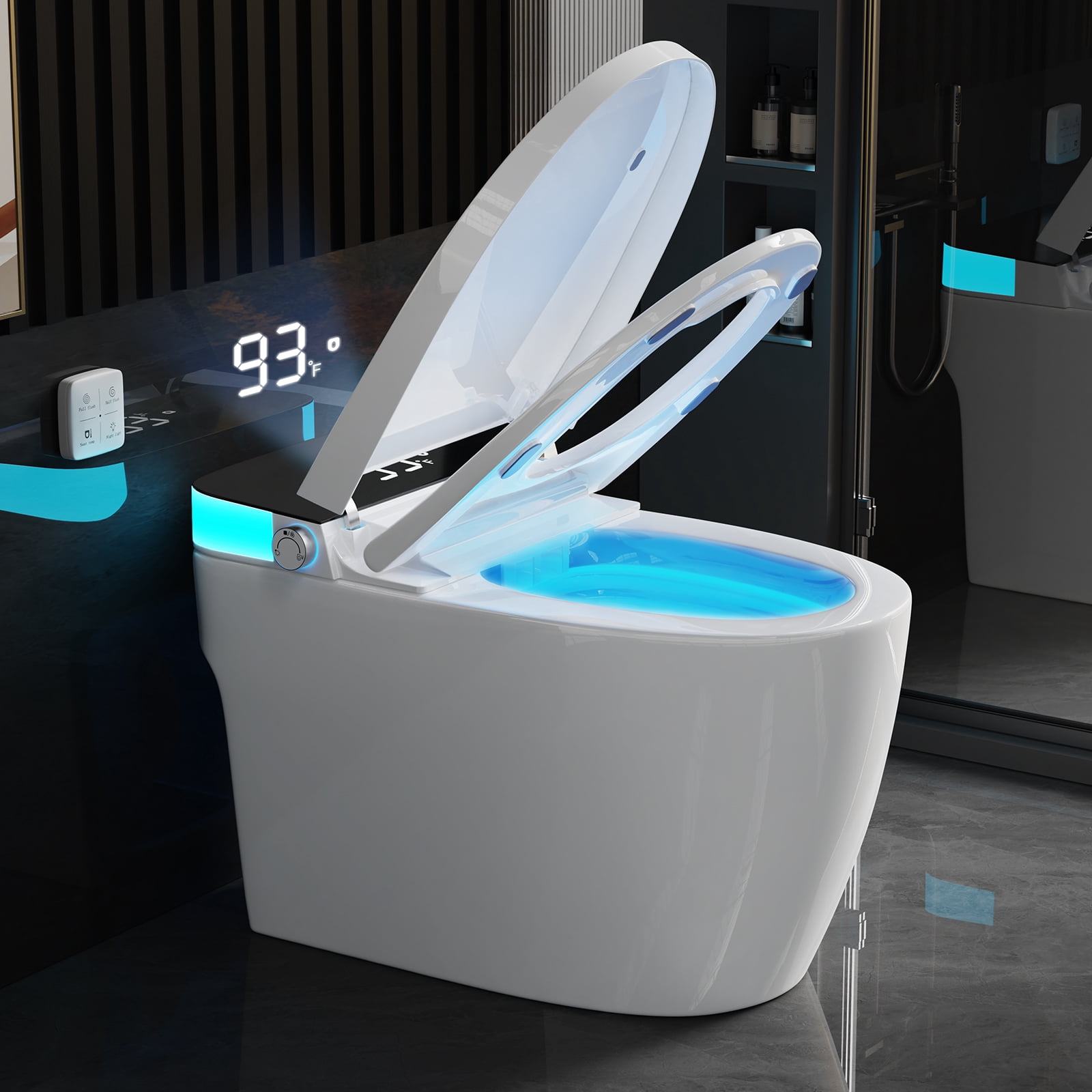Smart Toilet Seat Heated Bidet with Temperature Display, Night Light, Foot Sensor Flush, Remote Control Flush, Battery Backup, UL Certified Leak Protection, Soft-Close Fireproof Seat, Safe Voltage