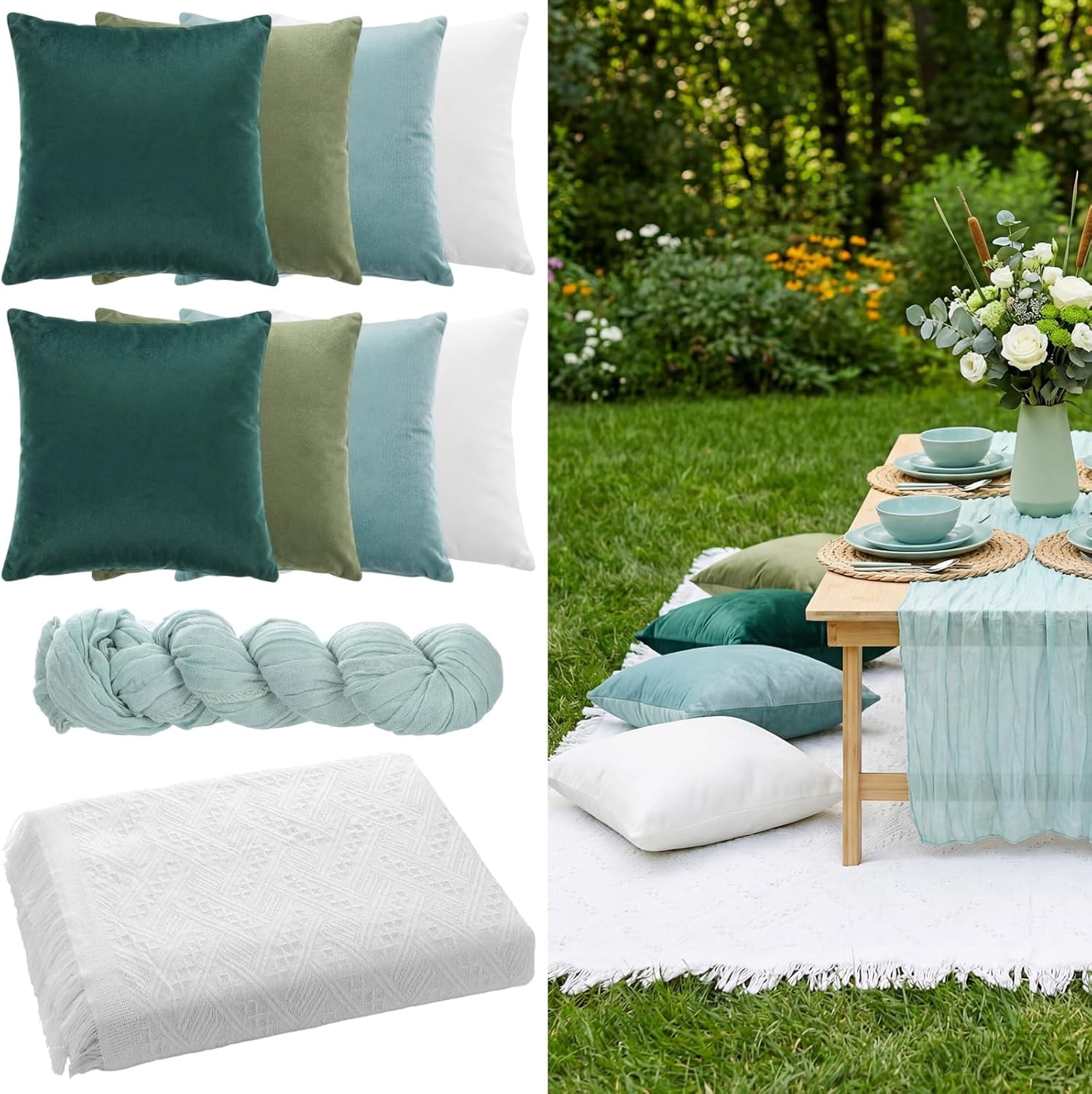10 Pcs 71''x102'' Extra Large White Outdoor Boho Picnic Blanket with Green Table Runner 8 Throw Pillow Cover Oversized Washable Portable Beach Blanket for Valentine Picnic Camp Lawn Wedding
