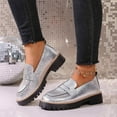 thumbnail image 5 of Silver Platform Loafers for Women - Vintage Retro Chunky Treaded Sole, Comfortable Textured PU Slip-On Shoes, Easy-Care for Daily Campus Office,Size 40, 5 of 9