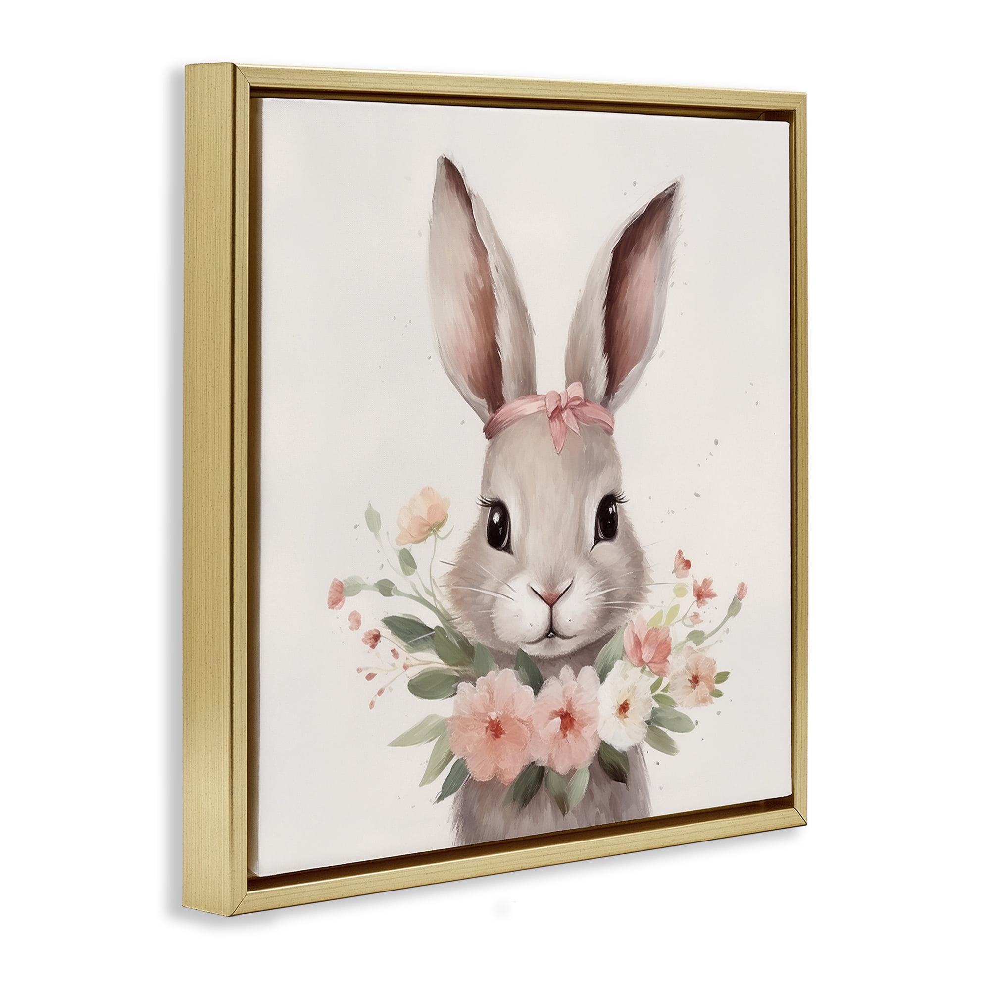 Stupell Industries Charming Bunny in Floral Wreath Gold Framed Floater Canvas Wall Art, design by Lazar Studio