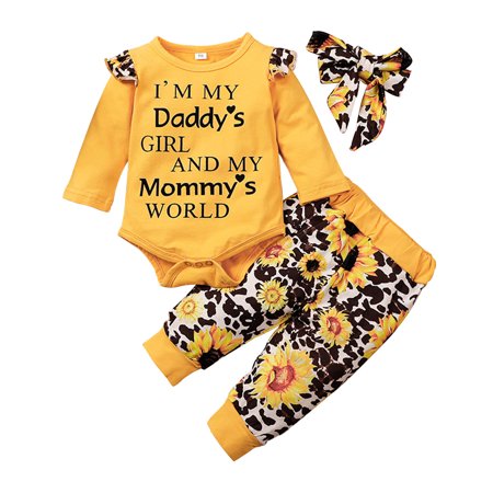 

QWERTYU Newborn Infant Baby Toddler Girl Boy Letter Print Clothing Set Long Sleeve Shirts and Floral Pants Set Outfit with Headband Yellow