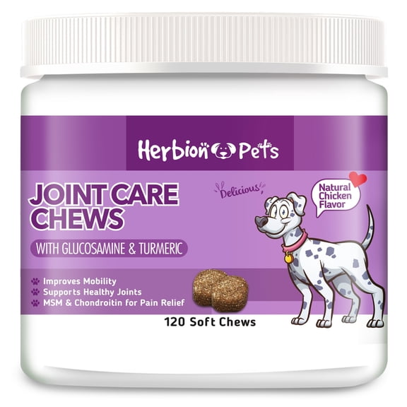 Herbion Pets Joint Care Chews with Glucosamine & Turmeric, 120 Soft Chews - MSM & Chondroitin for Pain Relief - Improves Mobility - Supports Healthy Joints - Made in The USA - for Dogs 12 Weeks 