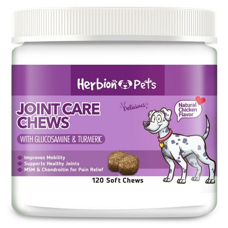 Herbion Pets Joint Care Chews with Glucosamine & Turmeric 120 Soft Chews - MSM & Chondroitin for Pain Relief - Improves Mobility - Supports Healthy Joints - Made in The USA - for Dogs 12 Weeks+