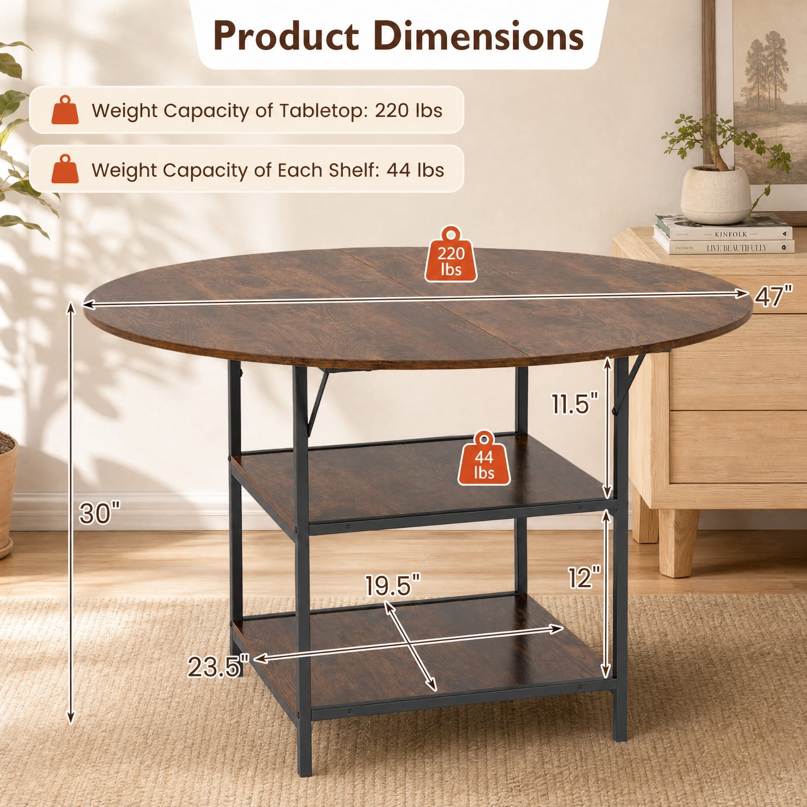 Furnibear 47 Inch Round Dining Table for 4 to 6 with 2 Tier Storage Shelves and Sturdy Metal Frame for Kitchen and Apartment, Rustic Brown