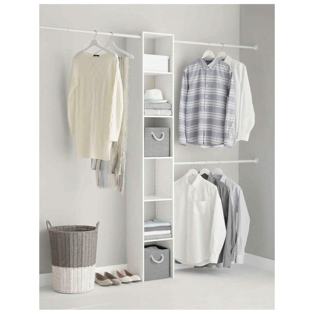 Adjustable Closet Organizer System - White Freestanding Shelving Unit With 3 Hanging Rods & 6 Shelves, Customizable For 4-9 Ft Closets