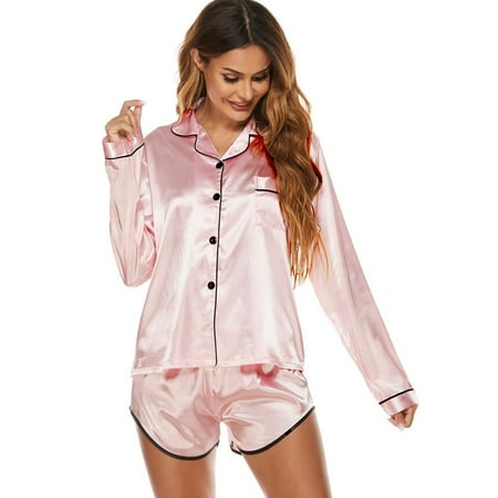 

Xmarks Womens Silk Satin Pajamas Set Two-piece Pj Sets Sleepwear Loungewear Button-Down Pj Sets S-XL
