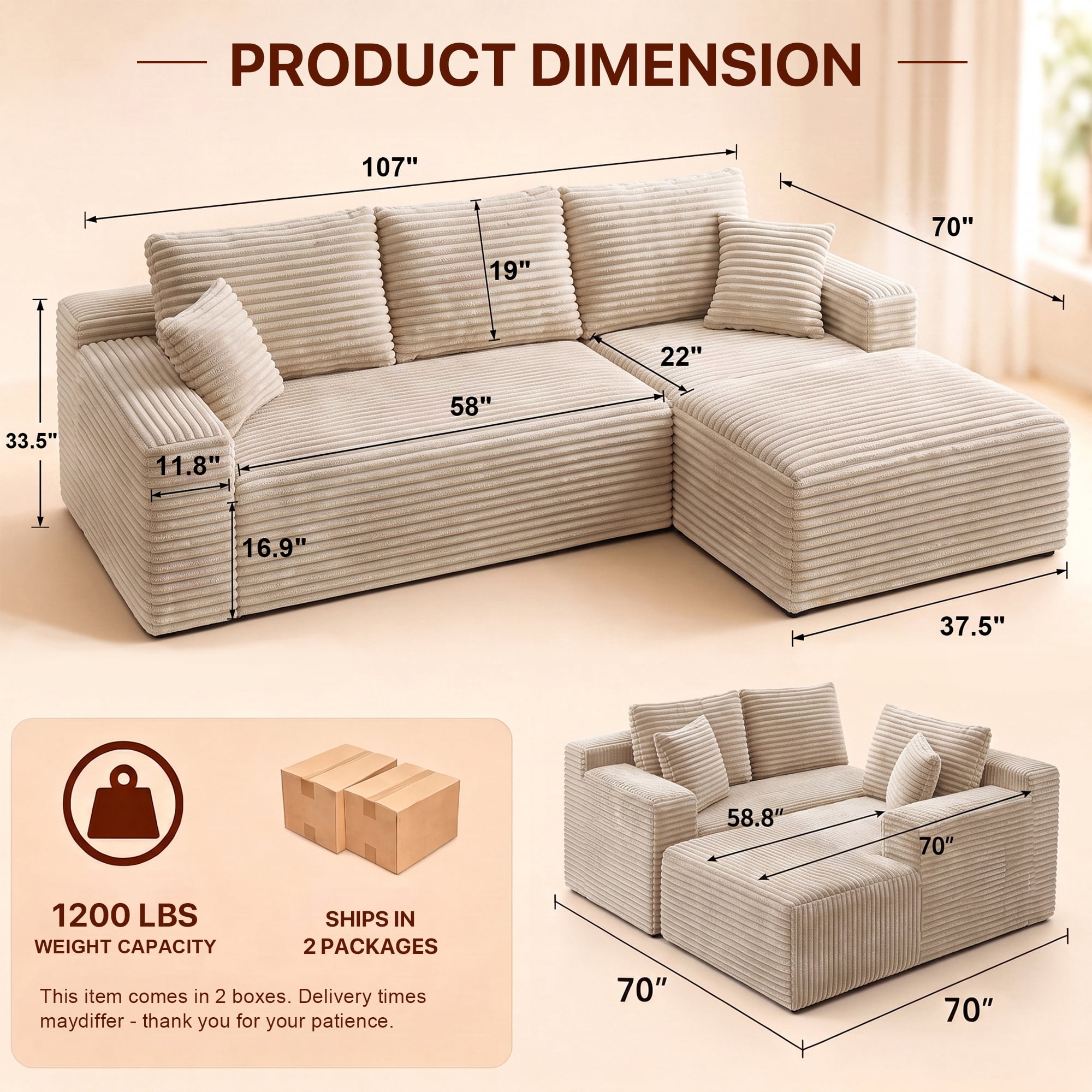 Aukfa 108" Cloud Sectional Sofa Deep Seat Boneless Couch Modular L-Shaped Couch, Rihgt Chaise Corduroy Sofa for Living Room, Khaki