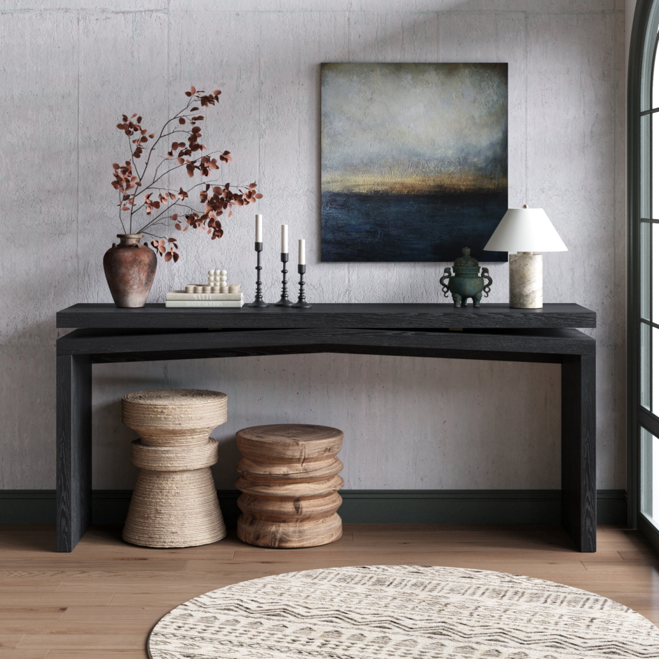 Atumcto 65" Long Console Table, Rustic Wood Entryway Table with Geometric Base, Narrow Sofa Table for Living Room Hallway, Farmhouse Accent Table