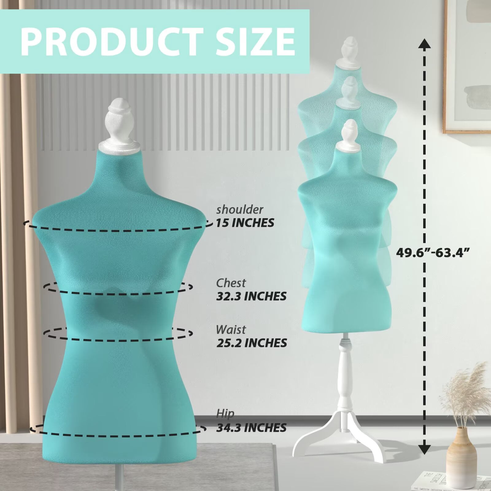 YRLLENSDAN 49.6-63.4 Inch Height Adjustable Sewing Mannequin Body for Clothing Dress Jewelry Display, Half Female Dress Forms with Wooden Tripod Stand for Sewing, Green