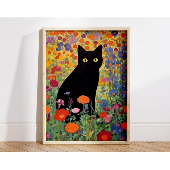 Black Cat Poster, Gustav Klimt Garden Cat Print, Cat Lovers Gift, Funny Cat Painting, Back Cat In A Garden, Cat Portrait Wall Art, Modern Wall Decor, 8x12 UNFRAMED