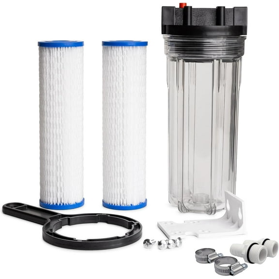 Cold Plunge Water Filter - 10" Filter Housing with 3/4 inch FPT Ports, 2x 50 Micron Filters & Build Guide - Suitable for Ice Baths and Whole Home Filtration - Incl. Mounting Kit & Housing Wrench