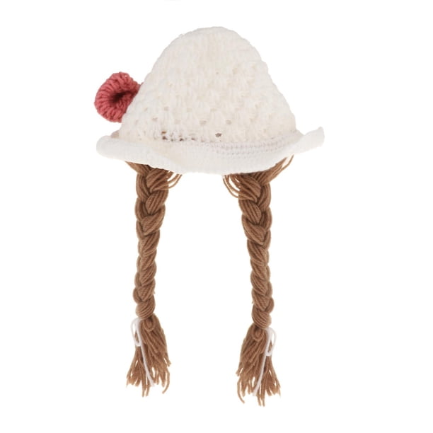 Gorro de bebé o niño, gorro de invierno tejido a crochet, peluca trenzada grande para recién nacido Bowknot Blanco