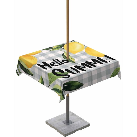 Outdoor Tablecloth with Umbrella Hole for Patio/Picnic/Party/Camping, Hello Summer Waterproof Table Cloth Square Cover Washable, Lemon Green Botanical Watercolor Plaid 54"x 54"