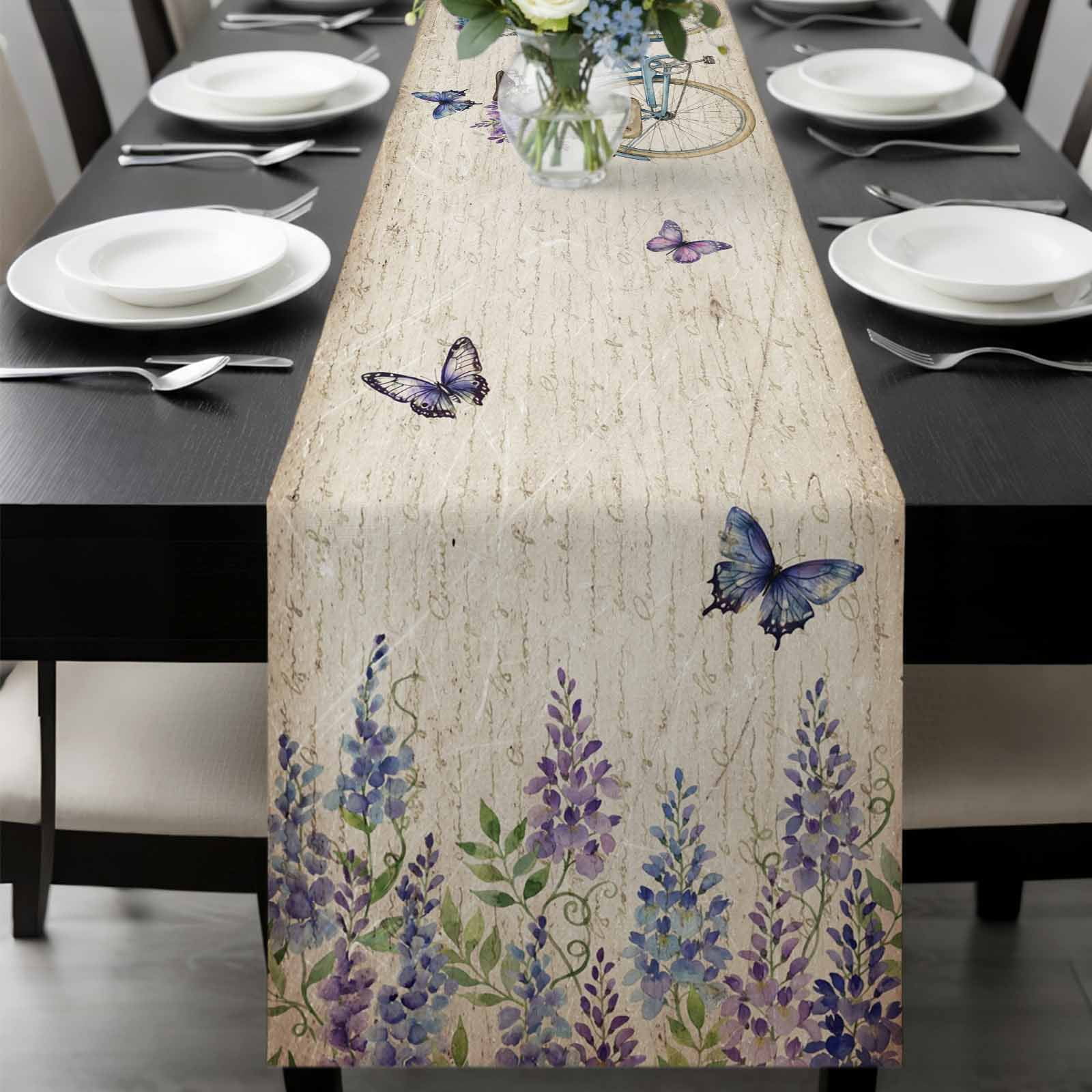 Table Runner Vintage Spring Embroidered Balls Dresser Scarves 13x70 Inch Linen Table Runners Butterflies Flowers Tablerunner for Home Dining Indoor Outdoor Wedding Party Tabletop Decor