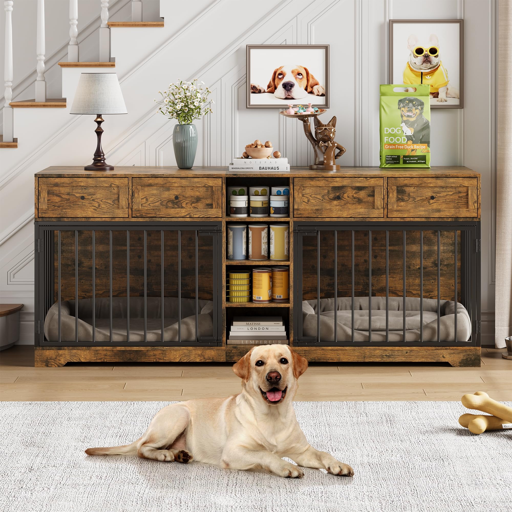 Yeshouse Large 82” Dog Crate for 2, Dog Kennel Furniture with Storage Drawers & Shelves, TV Console for Living Room