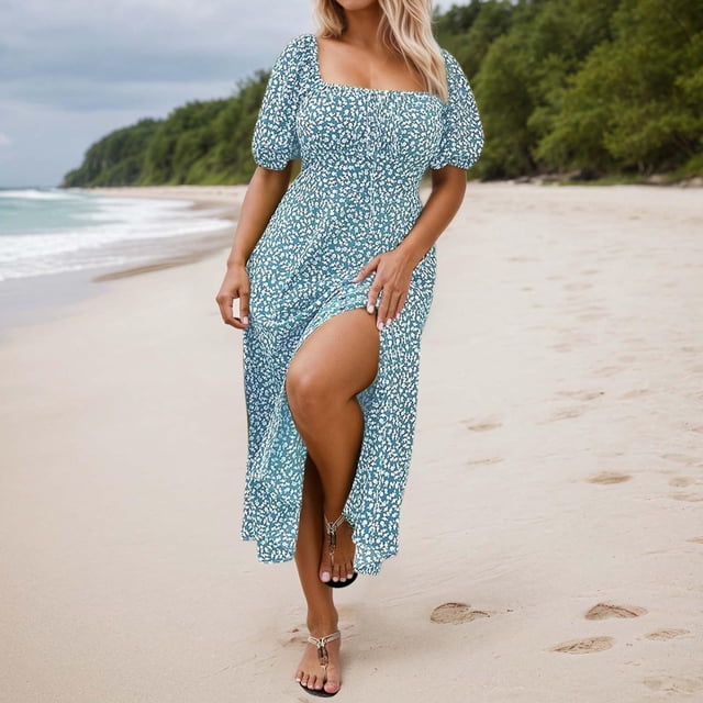 WILLBEST Vestidos Casuales para Mujer Vestido de Talla Grande con Estampado Floral, Corte A, Informal, para Vacaciones, Cuello Cuadrado, Primavera, Verano y Otoño, Fluido, Cómodo y Femenino XXXXGrande