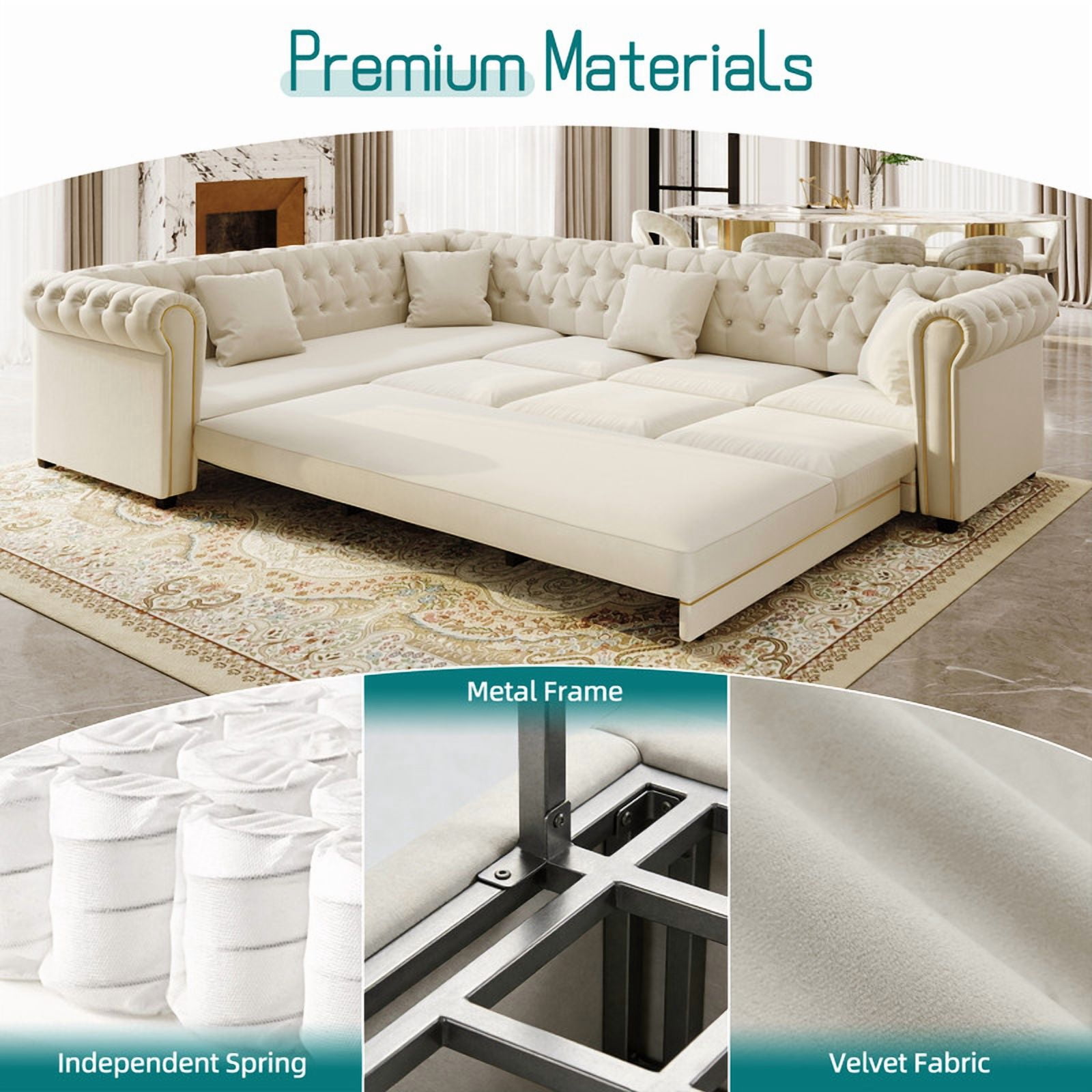L-Shaped Chesterfield Sectional Sofa Set with Pull-Out Bed, Oversize Convertible Sleeper Sofa, Button Tufted Large Couch