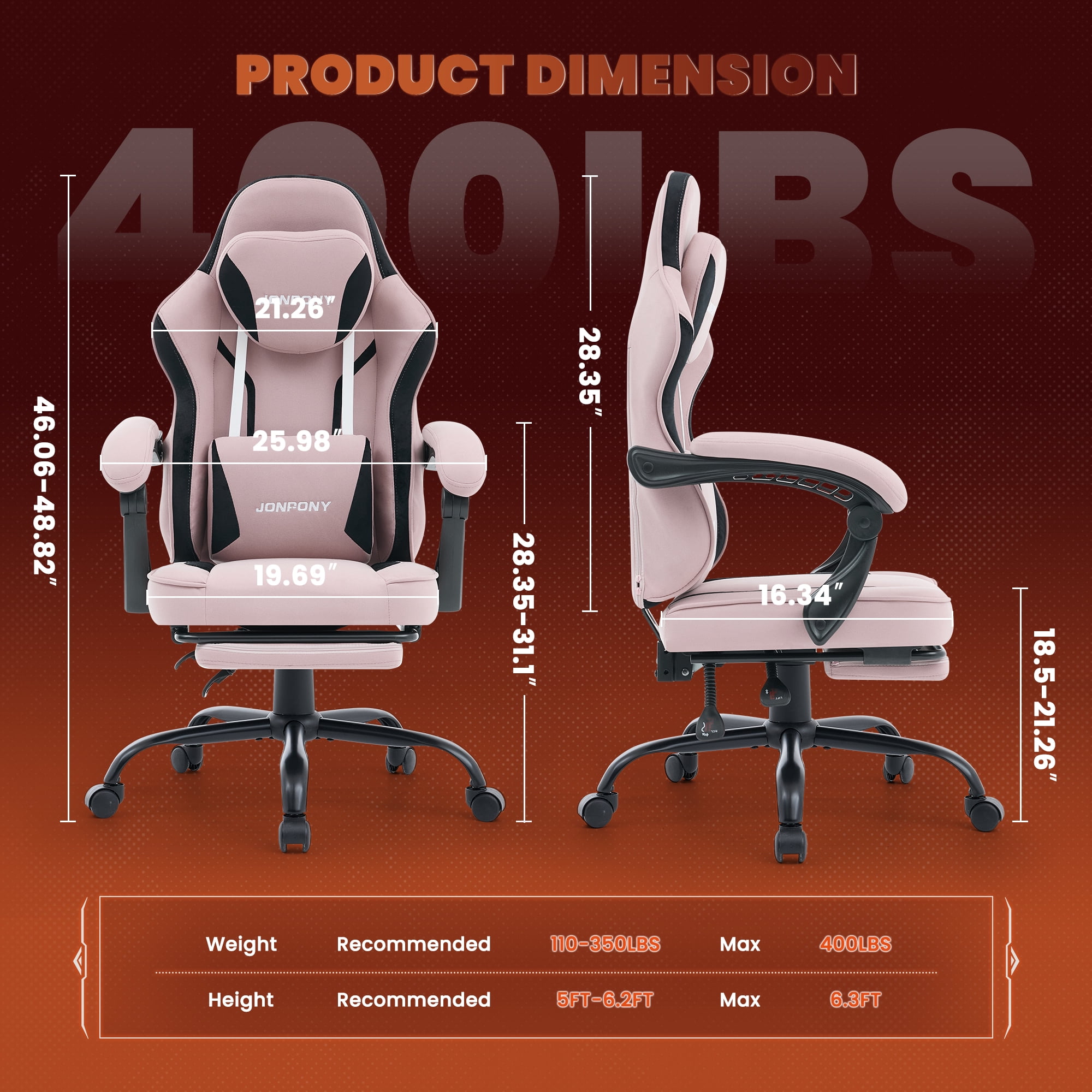 JONPONY Big and Tall 400LBS Gaming Chair with Foot Rest,Breathable Fabric for Home Office Desk, Ergonomic High Back Computer Chair with Headrest & Lumbar Support, Pink