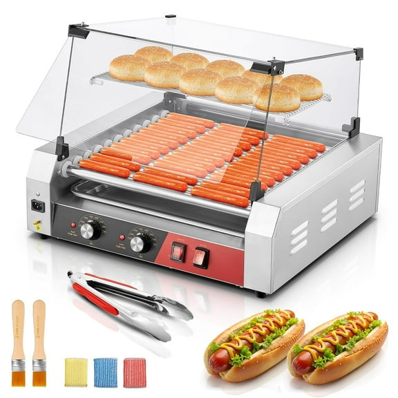 FOHERE Hot Dog Roller 11 Rollers 30 Hot Dogs, 1650W Hot Dog Machine with Bun Warmer Shelf, Dual Temp Control, Glass Cover, Removable Tray