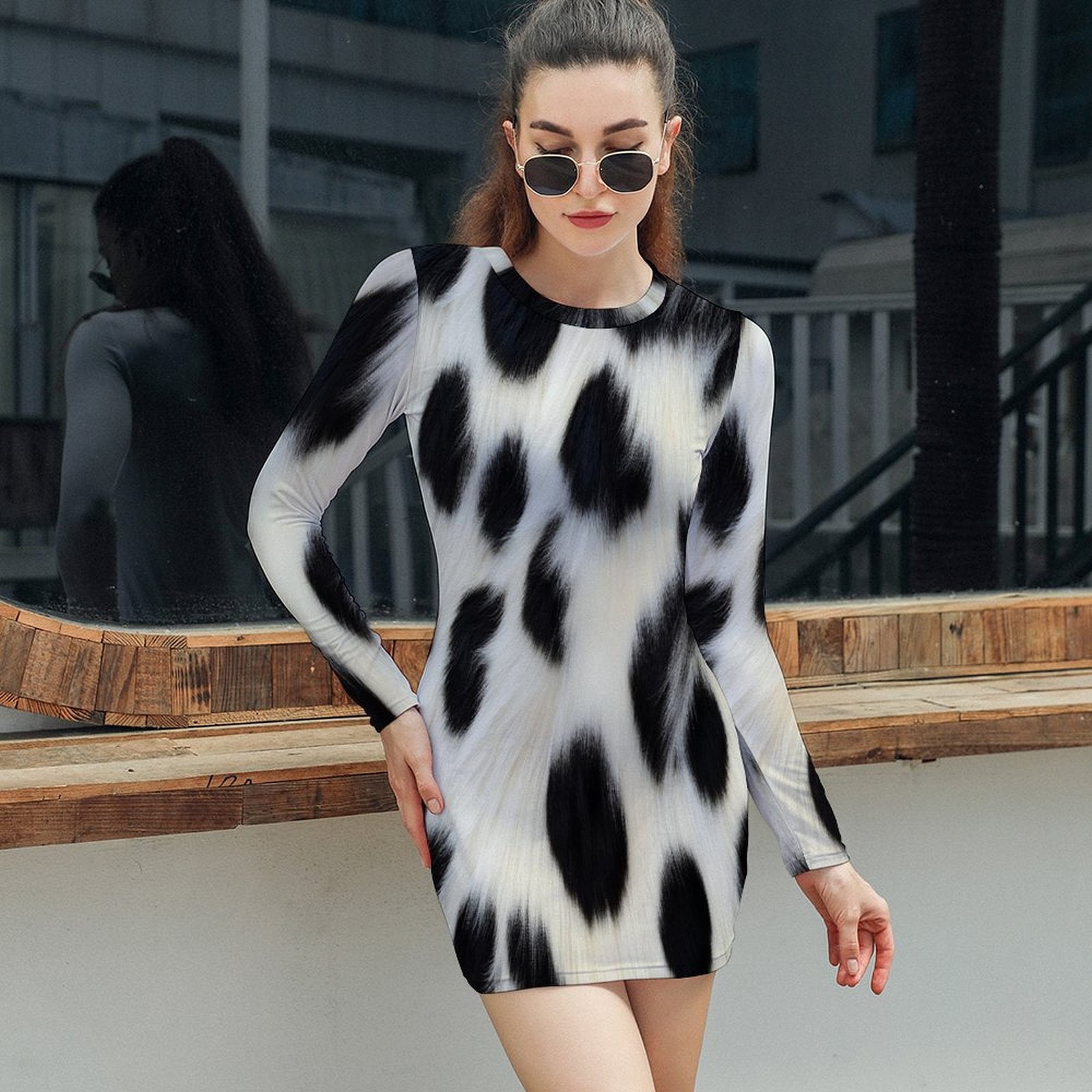 knee length dresses for ladies Dalmatian Mini Dress with Plunging Draped Collar