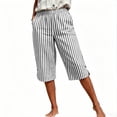 thumbnail image 5 of hoksml Women's Striped Elastic Waist Capri Pants - Cotton Linen Blend with Side Slits and Pockets, 5 of 9