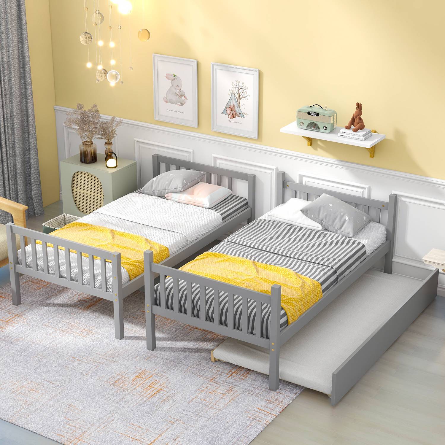 Twin Over Twin Bunk Bed with Trundle, Solid Pine Wood Bed Frame with Safety Rail and Ladder for Kids/Teens Bedroom, Convertible Bunk Bed for 3 People, No Box Spring Needed, Gray