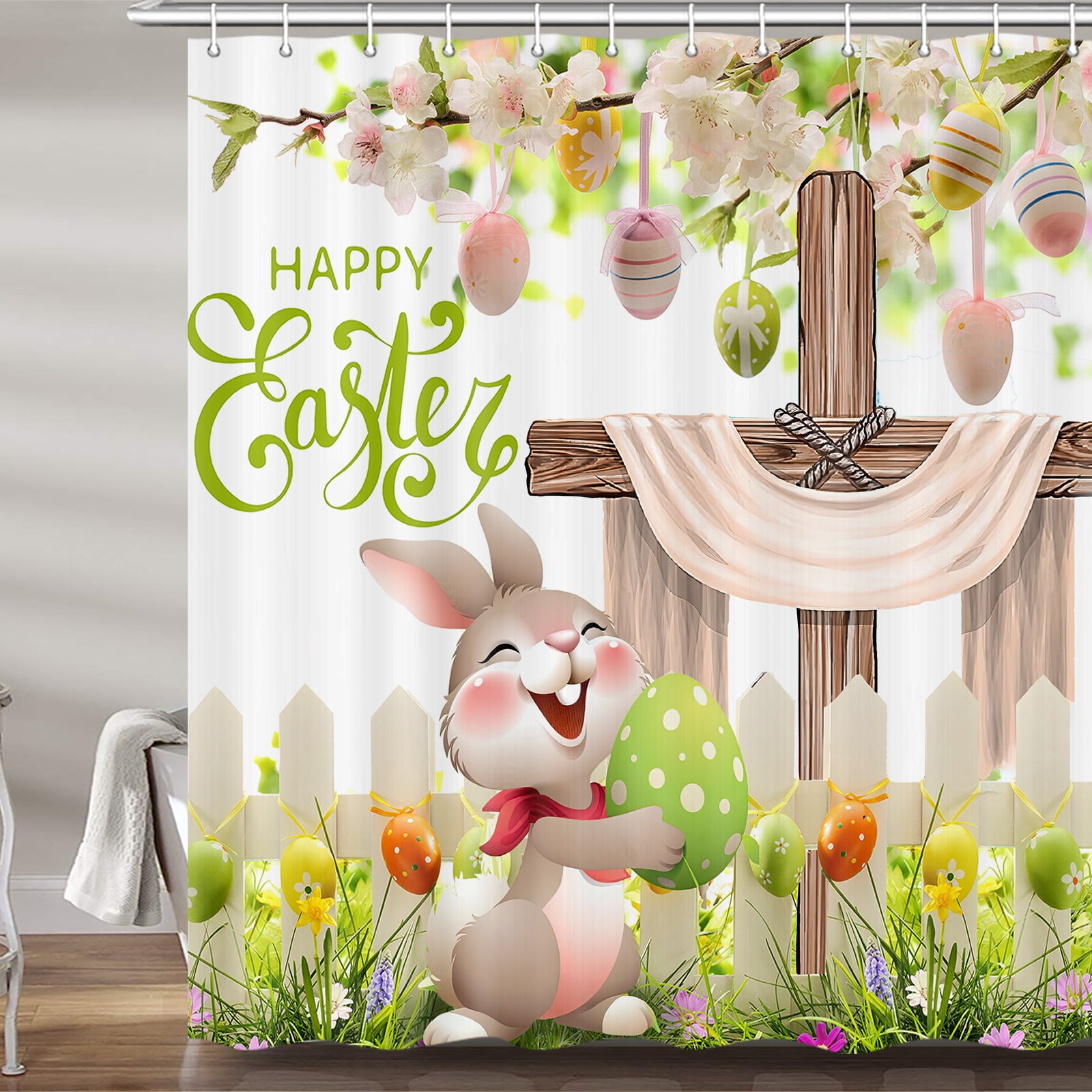 Happy Easter Shower Curtain, Easter Egg Cute Rabbit Bunny Spring