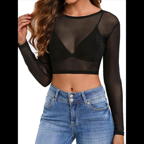 Tops de de Larga para Mujer, Camisetas Transparentes, Blusa de Encaje para Fiestas y Clubes Nocturnos Negro Corto S