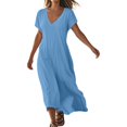 thumbnail image 1 of Robe Décontractée en Lin Col en V Manches Courtes Ample pour Femmes, Robe de Jour Confortable Couleur Unie, 1 of 5
